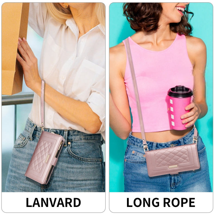 For iPhone 16 Plus Crossbody Zipper Wallet Rhombus Leather Phone Case(Rose Gold)