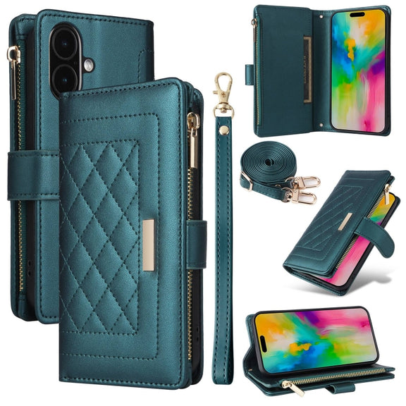 For iPhone 16 Plus Crossbody Zipper Wallet Rhombus Leather Phone Case(Green)
