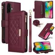 For iPhone 16 Plus Crossbody Zipper Wallet Rhombus Leather Phone Case(Wine Red)