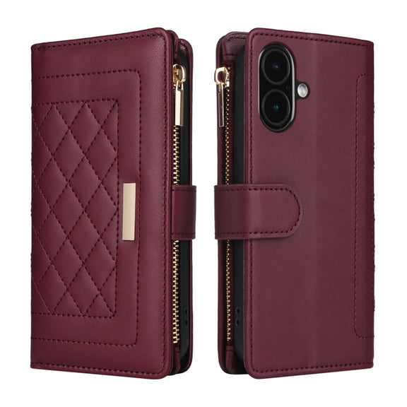 For iPhone 16 Plus Crossbody Zipper Wallet Rhombus Leather Phone Case(Wine Red)