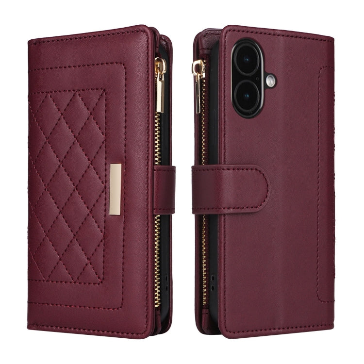 For iPhone 16 Plus Crossbody Zipper Wallet Rhombus Leather Phone Case(Wine Red)
