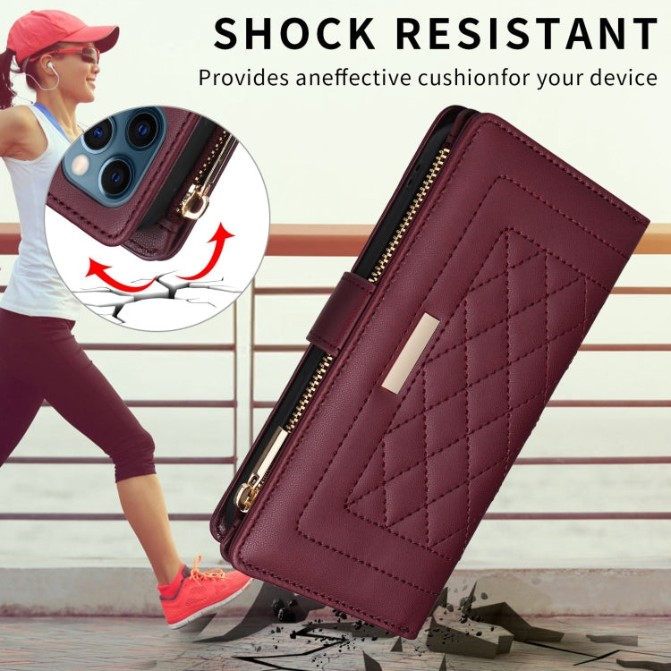 For iPhone 16 Plus Crossbody Zipper Wallet Rhombus Leather Phone Case(Wine Red)