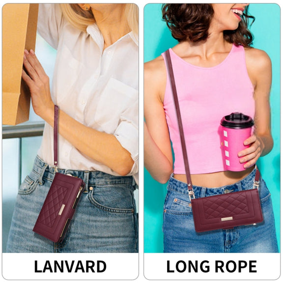 For iPhone 16 Plus Crossbody Zipper Wallet Rhombus Leather Phone Case(Wine Red)