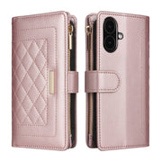 For iPhone 16 Crossbody Zipper Wallet Rhombus Leather Phone Case(Rose Gold)