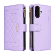 For iPhone 16 Crossbody Zipper Wallet Rhombus Leather Phone Case(Purple)