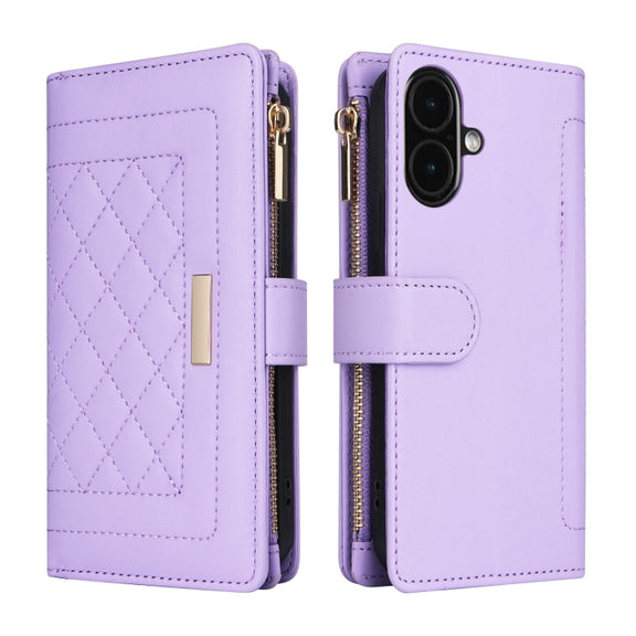 For iPhone 16 Crossbody Zipper Wallet Rhombus Leather Phone Case(Purple)