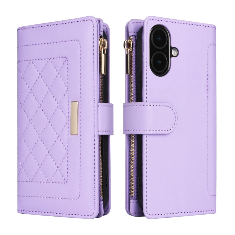 For iPhone 16 Crossbody Zipper Wallet Rhombus Leather Phone Case(Purple)