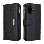 For iPhone 16 Crossbody Zipper Wallet Rhombus Leather Phone Case(Black)