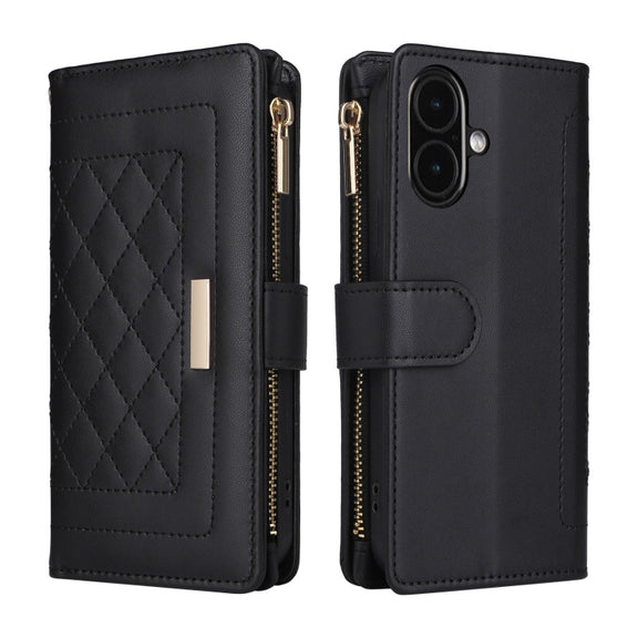 For iPhone 16 Crossbody Zipper Wallet Rhombus Leather Phone Case(Black)