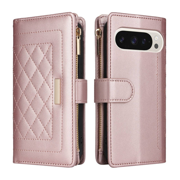 For Google Pixel 9 / 9 Pro Crossbody Zipper Wallet Rhombus Leather Phone Case(Rose Gold)