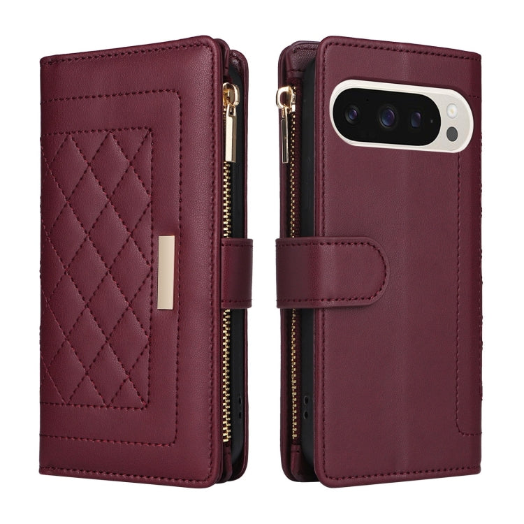 For Google Pixel 9 / 9 Pro Crossbody Zipper Wallet Rhombus Leather Phone Case(Wine Red)