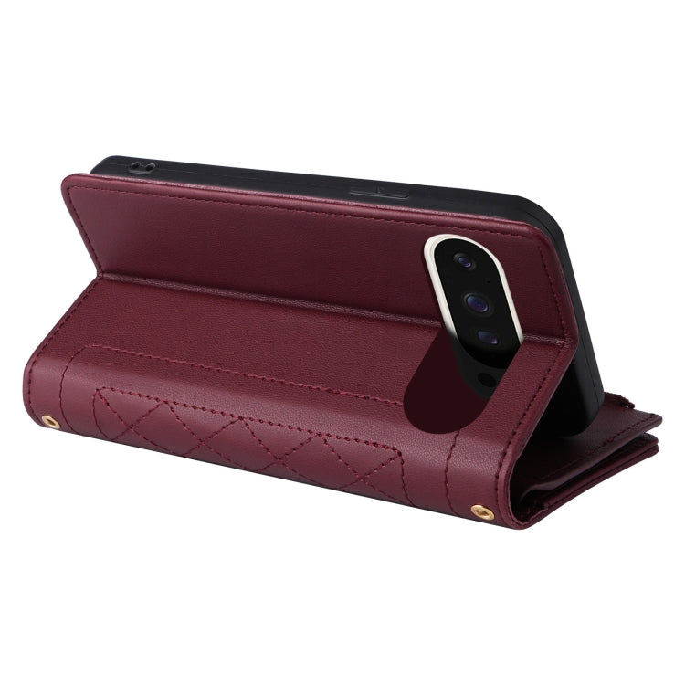 For Google Pixel 9 / 9 Pro Crossbody Zipper Wallet Rhombus Leather Phone Case(Wine Red) - Google Cases by PMC TechLife | Online Shopping South Africa | PMC TechLife | Buy Now Pay Later Mobicred