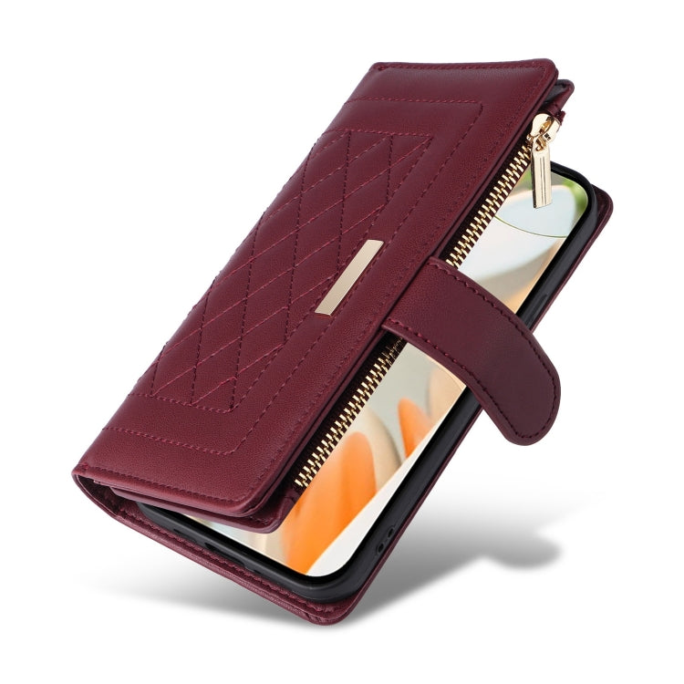 For Google Pixel 9 / 9 Pro Crossbody Zipper Wallet Rhombus Leather Phone Case(Wine Red) - Google Cases by PMC TechLife | Online Shopping South Africa | PMC TechLife | Buy Now Pay Later Mobicred