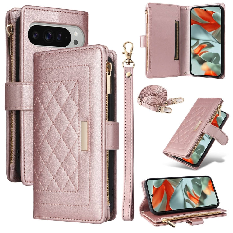 For Google Pixel 9 Pro XL Crossbody Zipper Wallet Rhombus Leather Phone Case(Rose Gold) - Google Cases by PMC TechLife | Online Shopping South Africa | PMC TechLife | Buy Now Pay Later Mobicred