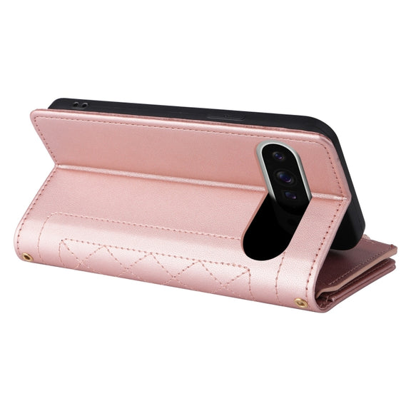 For Google Pixel 9 Pro XL Crossbody Zipper Wallet Rhombus Leather Phone Case(Rose Gold)
