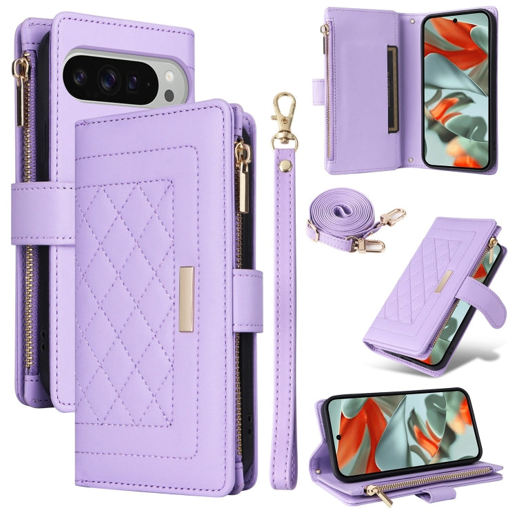 For Google Pixel 9 Pro XL Crossbody Zipper Wallet Rhombus Leather Phone Case(Purple) - Google Cases by PMC TechLife | Online Shopping South Africa | PMC TechLife | Buy Now Pay Later Mobicred