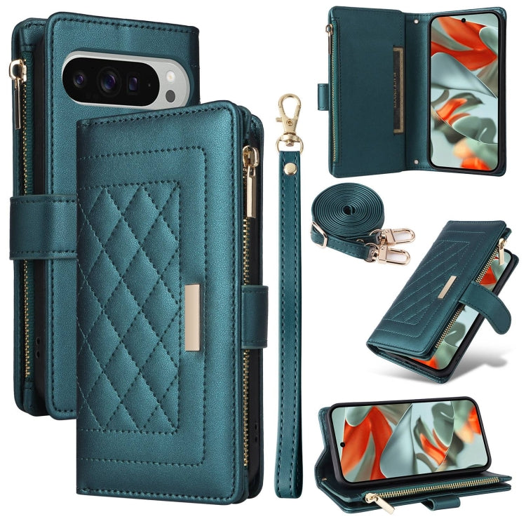 For Google Pixel 9 Pro XL Crossbody Zipper Wallet Rhombus Leather Phone Case(Green) - Google Cases by PMC TechLife | Online Shopping South Africa | PMC TechLife | Buy Now Pay Later Mobicred