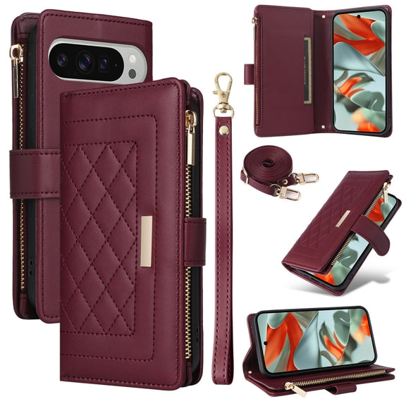 For Google Pixel 9 Pro XL Crossbody Zipper Wallet Rhombus Leather Phone Case(Wine Red)