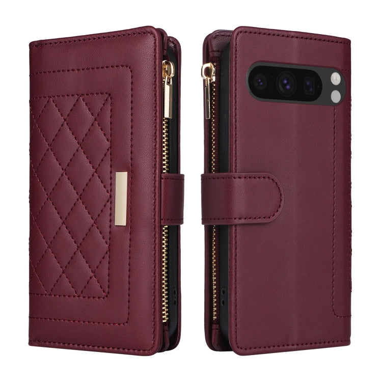 For Google Pixel 8 Pro Crossbody Zipper Wallet Rhombus Leather Phone Case(Wine Red) - Google Cases by PMC TechLife | Online Shopping South Africa | PMC TechLife | Buy Now Pay Later Mobicred