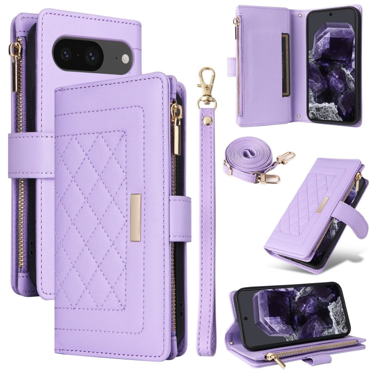 For Google Pixel 8 Crossbody Zipper Wallet Rhombus Leather Phone Case(Purple) - Google Cases by PMC TechLife | Online Shopping South Africa | PMC TechLife | Buy Now Pay Later Mobicred