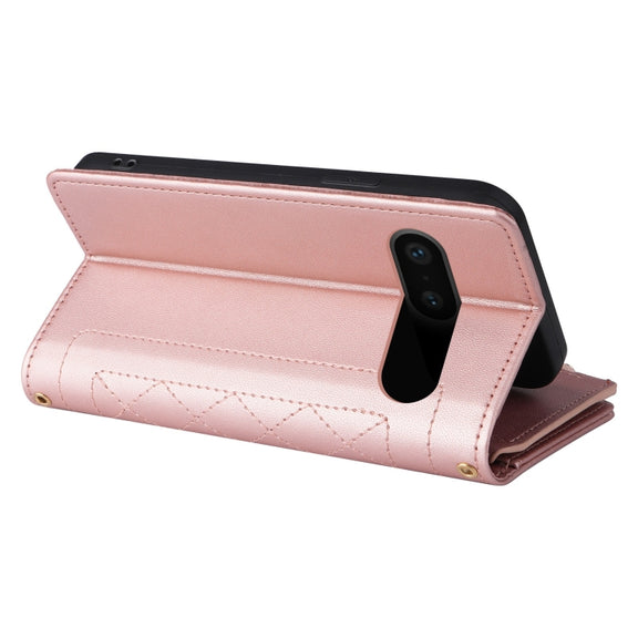 For Google Pixel 7 Crossbody Zipper Wallet Rhombus Leather Phone Case(Rose Gold)