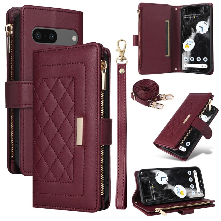 For Google Pixel 7 Crossbody Zipper Wallet Rhombus Leather Phone Case(Wine Red) - Google Cases by PMC TechLife | Online Shopping South Africa | PMC TechLife | Buy Now Pay Later Mobicred
