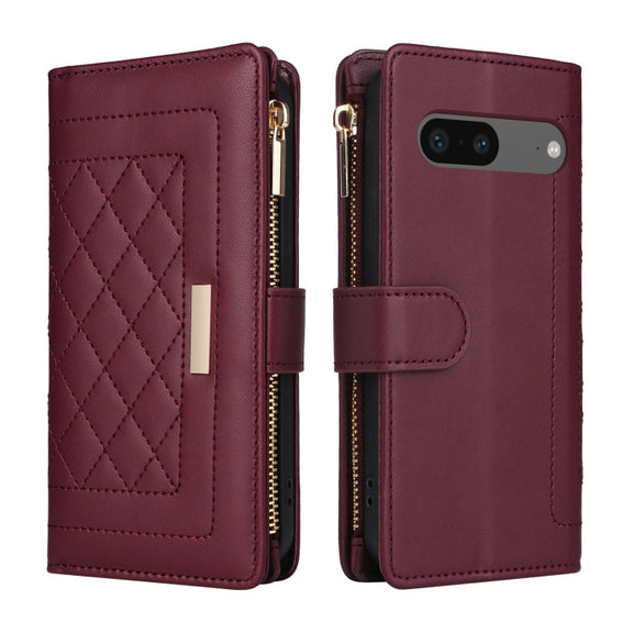 For Google Pixel 7 Crossbody Zipper Wallet Rhombus Leather Phone Case(Wine Red)