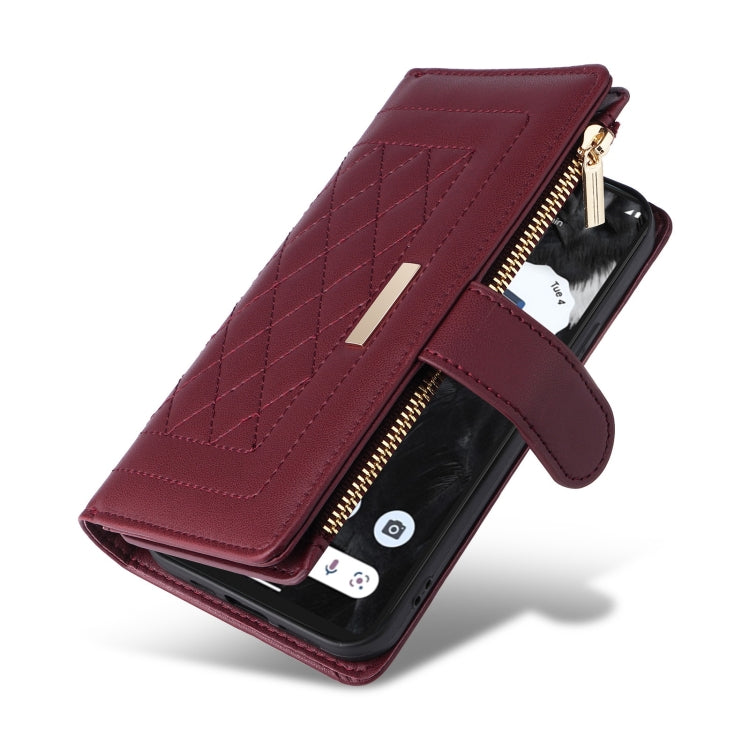 For Google Pixel 7 Crossbody Zipper Wallet Rhombus Leather Phone Case(Wine Red) - Google Cases by PMC TechLife | Online Shopping South Africa | PMC TechLife | Buy Now Pay Later Mobicred