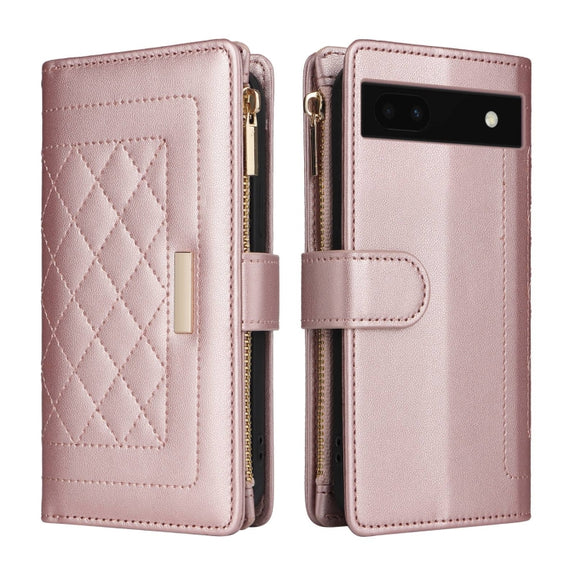 For Google Pixel 7a Crossbody Zipper Wallet Rhombus Leather Phone Case(Rose Gold)