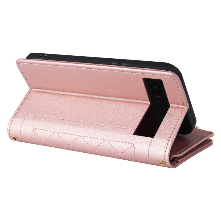 For Google Pixel 7a Crossbody Zipper Wallet Rhombus Leather Phone Case(Rose Gold)