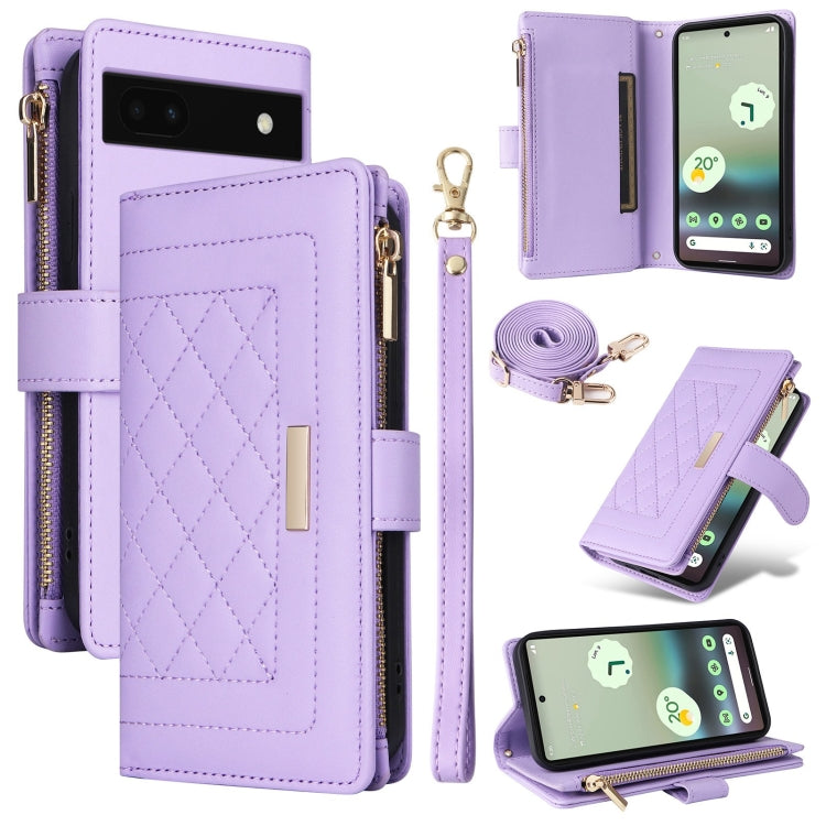 For Google Pixel 7a Crossbody Zipper Wallet Rhombus Leather Phone Case(Purple) - Google Cases by PMC TechLife | Online Shopping South Africa | PMC TechLife | Buy Now Pay Later Mobicred