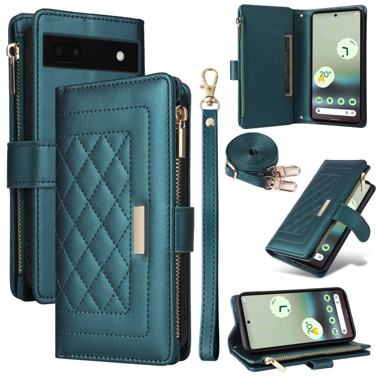 For Google Pixel 7a Crossbody Zipper Wallet Rhombus Leather Phone Case(Green) - Google Cases by PMC TechLife | Online Shopping South Africa | PMC TechLife | Buy Now Pay Later Mobicred