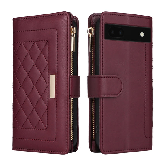 For Google Pixel 7a Crossbody Zipper Wallet Rhombus Leather Phone Case(Wine Red)