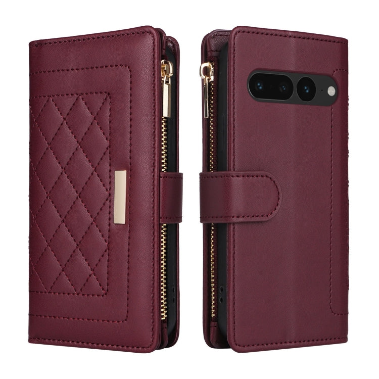 For Google Pixel 7 Pro Crossbody Zipper Wallet Rhombus Leather Phone Case(Wine Red) - Google Cases by PMC TechLife | Online Shopping South Africa | PMC TechLife | Buy Now Pay Later Mobicred