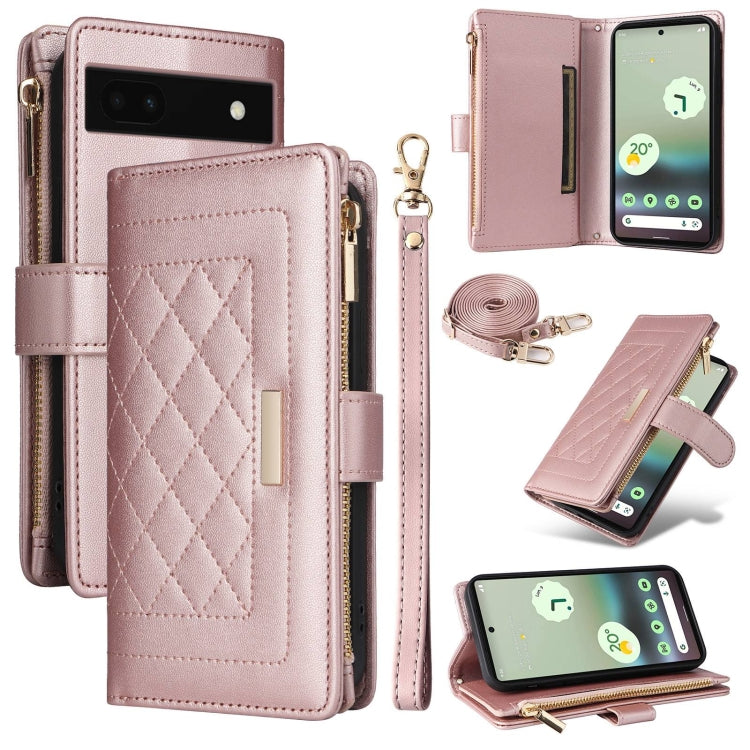 For Google Pixel 6a Crossbody Zipper Wallet Rhombus Leather Phone Case(Rose Gold) - Google Cases by PMC TechLife | Online Shopping South Africa | PMC TechLife | Buy Now Pay Later Mobicred