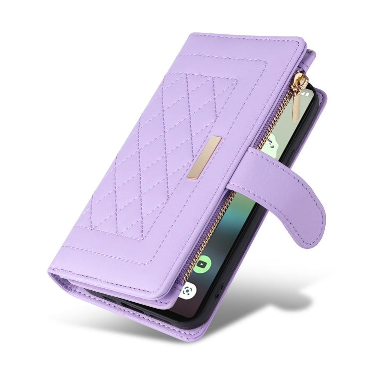 For Google Pixel 6a Crossbody Zipper Wallet Rhombus Leather Phone Case(Purple) - Google Cases by PMC TechLife | Online Shopping South Africa | PMC TechLife | Buy Now Pay Later Mobicred