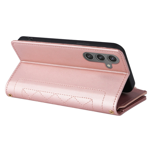 For Samsung Galaxy S24+ 5G Crossbody Zipper Wallet Rhombus Leather Phone Case(Rose Gold)