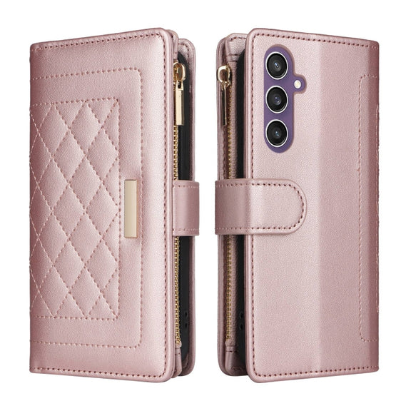 For Samsung Galaxy S24 FE 5G Crossbody Zipper Wallet Rhombus Leather Phone Case(Rose Gold)