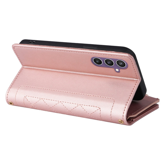 For Samsung Galaxy S24 FE 5G Crossbody Zipper Wallet Rhombus Leather Phone Case(Rose Gold)