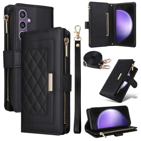 For Samsung Galaxy S24 FE 5G Crossbody Zipper Wallet Rhombus Leather Phone Case(Black)