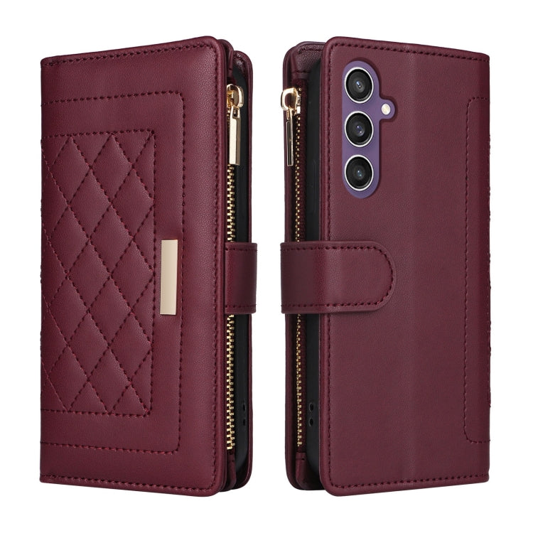 For Samsung Galaxy S24 FE 5G Crossbody Zipper Wallet Rhombus Leather Phone Case(Wine Red)