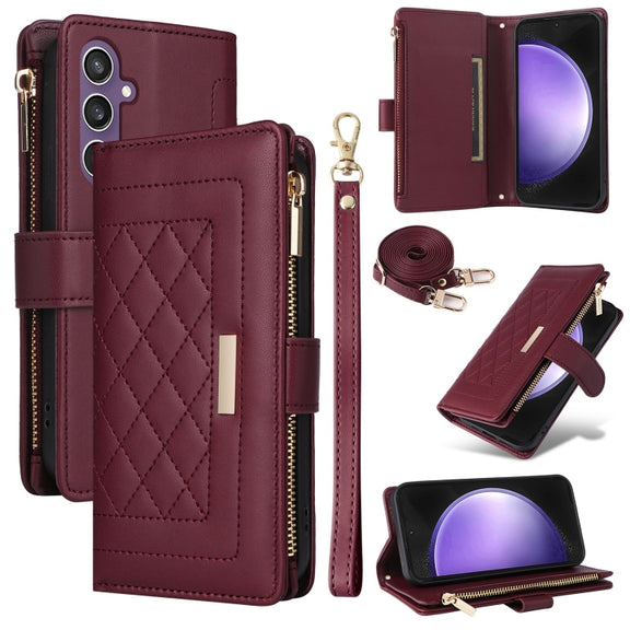 For Samsung Galaxy S24 FE 5G Crossbody Zipper Wallet Rhombus Leather Phone Case(Wine Red)