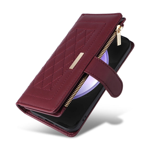 For Samsung Galaxy S24 FE 5G Crossbody Zipper Wallet Rhombus Leather Phone Case(Wine Red)