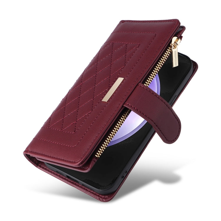 For Samsung Galaxy S24 FE 5G Crossbody Zipper Wallet Rhombus Leather Phone Case(Wine Red)