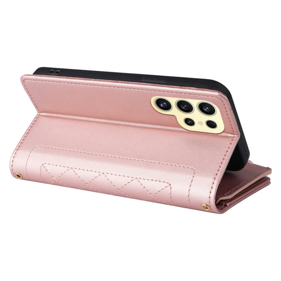 For Samsung Galaxy S24 Ultra 5G Crossbody Zipper Wallet Rhombus Leather Phone Case(Rose Gold)
