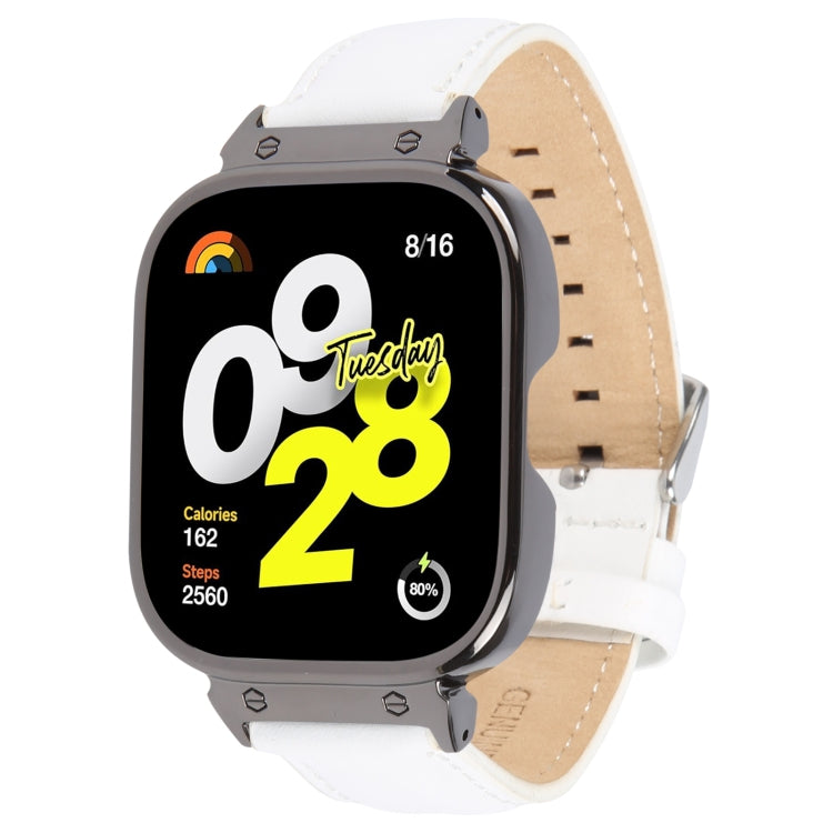 For Redmi Watch 4 Metal Black Frame Genuine Leather Watch Band(White) - free shipping - PMc TechLife - Order now!