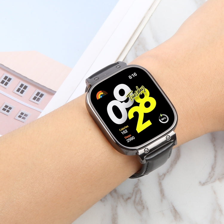 For Redmi Watch 4 Metal Black Frame Genuine Leather Watch Band(Black)