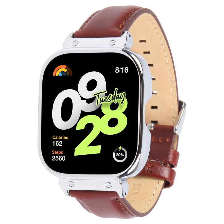 For Redmi Watch 4 Metal Silver Frame Genuine Leather Watch Band(Wine Red)