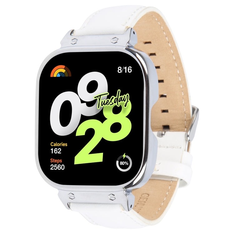 For Redmi Watch 4 Metal Silver Frame Genuine Leather Watch Band(White) - free shipping - PMc TechLife - Order now!