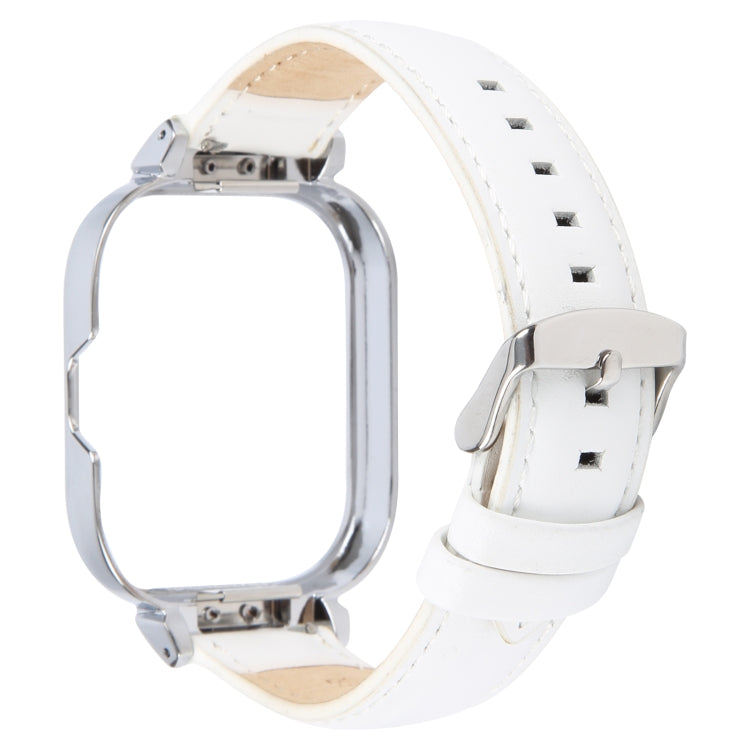 For Redmi Watch 4 Metal Silver Frame Genuine Leather Watch Band(White)